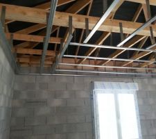 Détail des rails au niveau du coffrage... Un vrai casse tête que de se demander comment positionner les rails à ce niveau : j'ai dû rajouter une planche de bois pour terminer la deuxième longueur de rail en partant de la gauche.