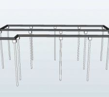 Voila une représentation 3D du type de fondations réalisées

on fore des trous de 170 mm de diamètre et on y place un tube N80 (pétrolier) de 68 mm de diamètre et de 5mm d'épaisseur qui reprend une charge de 45 Tonnes. On rempli le tout de ciment CEM2.

Par dessus une platine métallique un panier métallique et du béton pour former une tête.

Sur laquelle repose les longrines.

Comme c'est assez rare comme type de fondation je lâche quelques photos