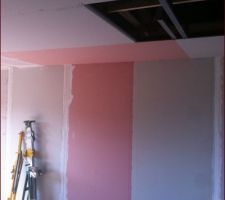 Salon salle à manger
mur rose : emplacement future cheminée