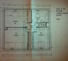 Plan de l'étage de la maison mais il y aura une petite modification nous avons choisi l'option lucarne pour la chambre N°3

et surtout tout le plan de la maison est renversé a 90°vers la gauche pour avoir un maximum ensoleillement par rapport a la disposition de notre terrain