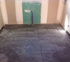 Carrelage du rez de chaussé, gris foncé
Ici, la cuisine