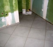 Dans la salle de bain :
Carrelage 60x60 mod&egrave;le "Urban" gris Lapeyre