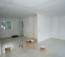 La cuisine et une partie du salon avant enduit et peinture.