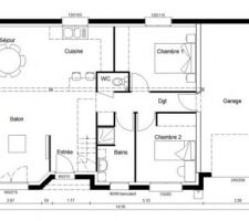 Voici les plans de base du RDC 
Que nous avons fait modifié 

CHAMBRE 1 
Alors la chambre 1 a été supprimée et couper en 2 partie égale pour 
CUISINE ET GARAGE
Agrandir le garage d un côté et agrandir la cuisine de l autre 
Du coup les wc sont décalés vers la droite

Nous avons privilégiées un grand espace a vivre sallon, salle a manger, cuisine 

CUMULUS
Le cumulus qui est dans la salle de bain à été mis sous l escalier 

SALLE DE BAIN
La baignoire prévu à été supprimé 
La porte a été déplacée 

A la place de la porte et du cumulus  il y aura une douche a l italienne 
Et la porte sera placée côté chambre pour en faire une suite parentale 

Voilà des que possible je mettrais le plan final