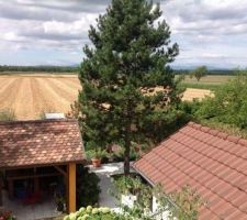 Vue "aérienne" de l'arrière du jardin et des champs limitrophes