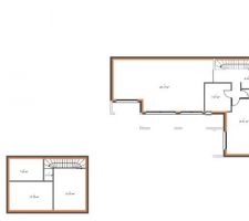 Plan rdc : avec une cuisine de 12m² un séjour salon de 34m² une sde de 7.47 m² une chambre parentale avec dressing de 16m² et un wc de 1;44m².