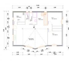 Voici le plan de la maison. Il manque le plan de la mezzanine qui se situe au dessus des 2 chambres. Nous envisageons d'étendre cette surface au dessus du dégagement de l'escalier.