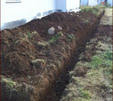 Avant que le terrassier revienne remettre la terre en place on monte un muret sur deux cotés de la maison pour tenir le terrain et l'avoir plat