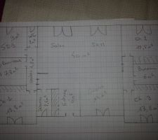Voici le PLan de notre maison avec 3 espace bien definit : 
   - 1 cot&eacute; "Parents", a Gauche, avec Chambre 1, SDB et Buanderie
   - 1 espace de vie au centre
   - 1 Espace "Enfants", Chambre 2 et 3 et Bureau qui se transformera en SDB par la suite.
Espace "ferm&eacute;" par porte colissante.
