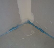 Protection des pieds (mousse expensive bleue) de cloisons   nouvelle protection en film plastique sur les angles bas des placos en contact avec les murs extérieurs (sur tout le tour de la maison)