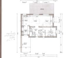 Plan du RDC avec une grande pièce à vivre Salon Séjour et cuisine   Chambre avec Salle d'Eau
A noter la terrasse de 28 m2 est prévu d'origine -tout du moins la dalle-