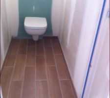 Toilette suspendu du haut carrelage imitation parquet