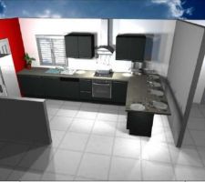 Vue 3D de la cuisine (la cloison à droite n'existera pas, elle a été ajoutée par contrainte sur le logiciel de modélisation)