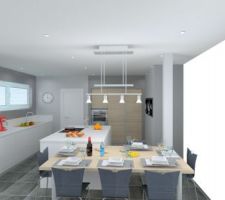 Cuisine by C... S.... Le plan de travail devrait être plus gris foncé/noir et les colonnes et la table repas plus dans un ton bois grisé. Il y aura également une hotte plafond au-dessus de la plaque.