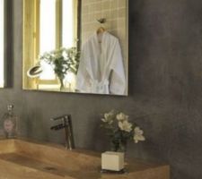 Idée salle de bain avec meuble en bois, vasque à poser noir ou verre transparent et mur effet béton marron