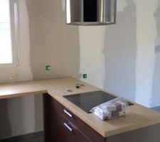 Cuisine: Retour avec plaque à induction et hotte lampe, plan bar à terminer derrière pour séparer.