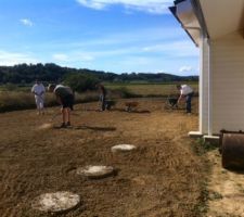 Week-end semi du gazon : rotavator, râteau, tri des racines et cailloux, semi, râteau, rouleau