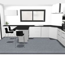 La cuisine ikea avec deux colonnes en 201 cm (frigo et four/MO) et meubles faible profondeur derrière plan repas