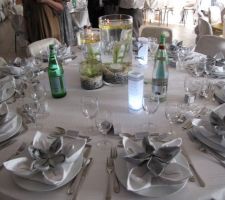 Déco agencement d'une table avec 3 vases circulaires au centre avec fleurs immergées et LED submersibles au fond du vase et bougies écologiques au dessus des menus photophores des choco de mariage en double cube avec la photo des mariés et un pliage fleur ds l'assiète pour recevoir la boule de pain
