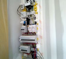 Le tableau électrique (équipé de deux prises de courant, utiles pour poser une futur alarme par exemple) avec en partie supérieure le mélangeur télé à 6 sorties, la prise test-téléphone et un répartiteur de prise RJ45 qui communique avec les différentes prises dans les pièces de vie.