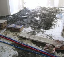 Sur cette photo vous pouvez voir que la pose du carrelage n'a rien a voir avec le descriptif(un carrelage coll&eacute;e sur chape liquide anhydrite)
Il ne respecte pas les DTU
- pas de polyane
-polystyr&egrave;ne non joint&eacute;es
utilisation de mortiers dess&egrave;ches,
canalisations noy&eacute;es dans le mortier de pose etc...