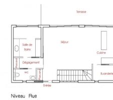 Voici donc le plan du RDC.
Le côté mer est côté terrasse (plein ouest).
Nous avons revu l'agencement de la salle de bain.