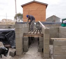 Changement de stratégie ! on monte les échafaudages. Ici les murs de la cage d'escalier entre le sous sol et le RDC