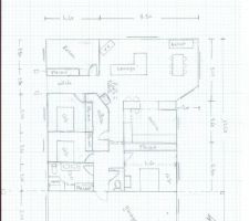 Plan d'une maison de plain pied de 130 m2 environ.
nous avons deux appentis 1 devant et un derrière ainsi qu'un grand appenti le long du garage
3 chambres, 1 bureau, 1 cuisine ouverte sur salon et salle à manger
un poêle à pellets dans l'angle du cellier qui sera au centre chauffera une grosse partie de la maison
une porte à galandage fermera une partie des chambres et réduira le bruit
la cuisine donnera sur l'extérieur par une porte coulissante et sera ouverte de deux côtés, 1 sur la pièce à vivre et l'autre sur l'entrée
l'entrée sera couverte par un porche avec des poutres porteuses comme les appentis
la douche fait 1.2 x 1.20, la salle de bain comporte un meuble doucle vasque , un placard et un wc