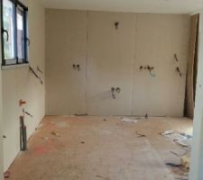 La cuisine vue du cellier (elle n'est pas fermé à droite, c'est juste une plaque posé contre le mur)