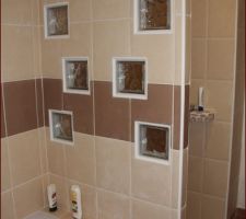 Le fond de douche fait par le carreleur pour le reste c'est nous, faïence, tablette, carreaux de verre pose de la baignoire ...