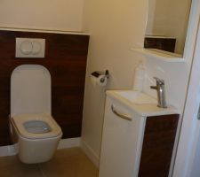 WC suspendu mécanisme Geberit, cuvette Roca Gap, lave main Aurlane avec miroir, mitigeur cascade anti-éclaboussure Grober Winner.