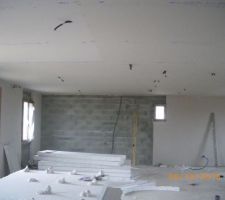 Plafond posé ,sortie des cables ,debut placo murs coté face avant de la maison