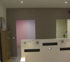 La peinture des mures du dressing en rose et bleu,et de la chambre, dans la partie droite de la photo la salle de bain