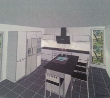 Plan cuisine schmidt,  meubles blanc laqué, plan de travail en granit noir