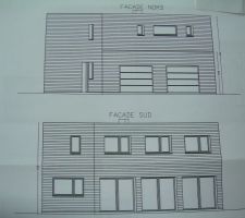 Vues des façades nord et sud. 

façade nord: la façade du garage sera en hardie plank anthracite et portes de garages blanches - et le reste de la façade en hardie plank gris clair et menuiseries anthracite

façade sud: hardie plank gris clair et menuiseries anthracite