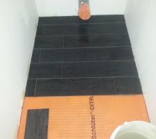 Carrelage imitation bois de couleur noir dans la salle de bain du haut ainsi que dans les wc du haut.