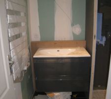 "essayage" du coffrage sur lequel est fixé le meuble de salle de bain   vasque. 
Ceci afin de verifier que les tiroirs ne viennent pas taper dans le seche serviette !