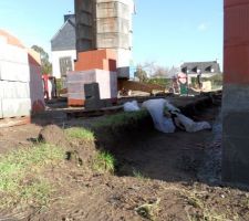 Élévation des murs (parpaings dans le garage, brique dans la maison)
"Fossé" au nord