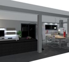 Vue 3d intérieur de la cuisine et du salon depuis la salle à manger. Cuisine Arthur Bonnet.