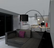 Vue 3d intérieur de la cuisine depuis le salon. Cuisine Arthur Bonnet.