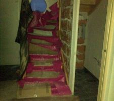 Escalier recouvert de sa belle protection rose