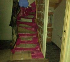 Escalier recouvert de sa belle protection rose