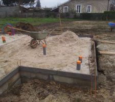 Voilà comment se prépare les fondations -ça se prépare en brouette..de sable et mettre à niveau côté entrée, toilettes et garage à vélo