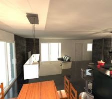Une idée en 3D de ce que donnera la salle de vie vue de la salle à manger