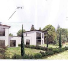 Integration de la maison dans le paysage / 1ere version - la notre correspond au lot B et aura la même façade completement vitrée que le lot A