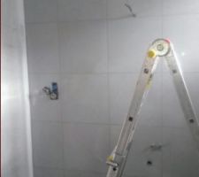 Salle de bain des parents. Faience Pavigres Argent semi polie.