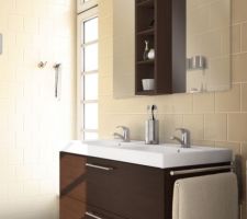 Meuble gordmorgon brun noir 103cm double vasque, 2 miroirs godmorgon et meuble Molger entre les 2 miroirs.