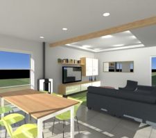 Nouvelles vues 3d intérieur avec intégration du poêle à pellets, décalage de la baie vitrée et changement de position du meuble Tv et des dimensions des caissons de faux plafonds