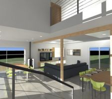 Nouvelles vues 3d intérieur avec intégration du poêle à pellets, décalage de la baie vitrée et changement de position du meuble Tv et des dimensions des caissons de faux plafonds