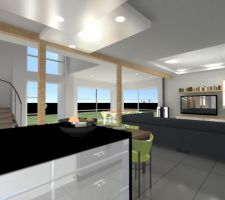 Nouvelles vues 3d intérieur avec intégration du poêle à pellets, décalage de la baie vitrée et changement de position du meuble Tv et des dimensions des caissons de faux plafonds